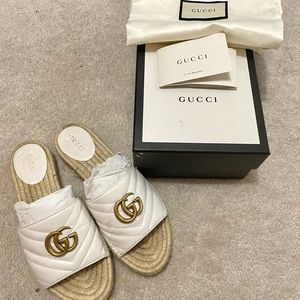 Gucci Double G Logo White Leather Espadrilles Sandals